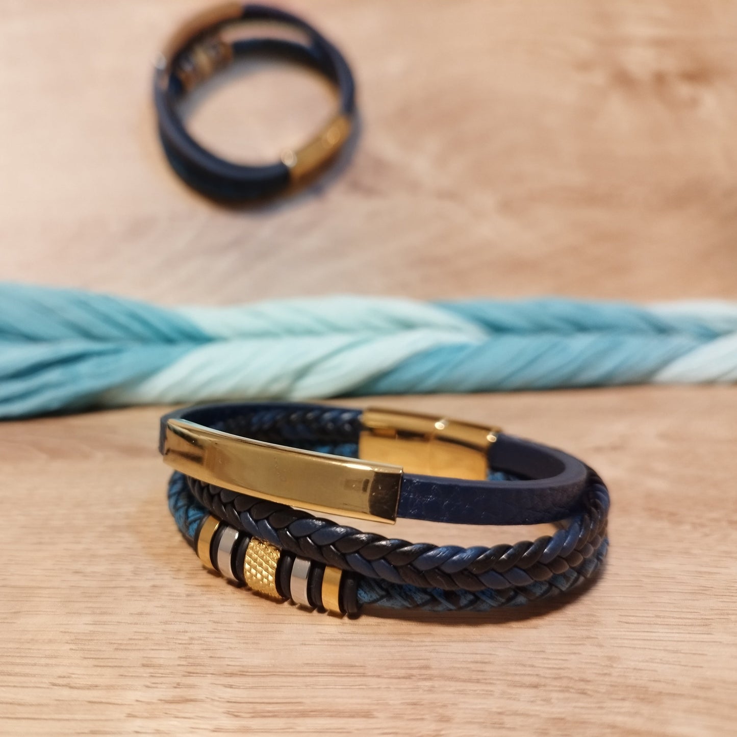 Bracelet Triple Tressé Noir et Bleu Pétrole