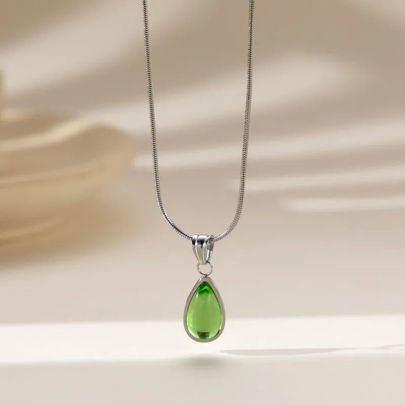 Pendentif Goutte d'eau Émeraude en Acier Inoxydable