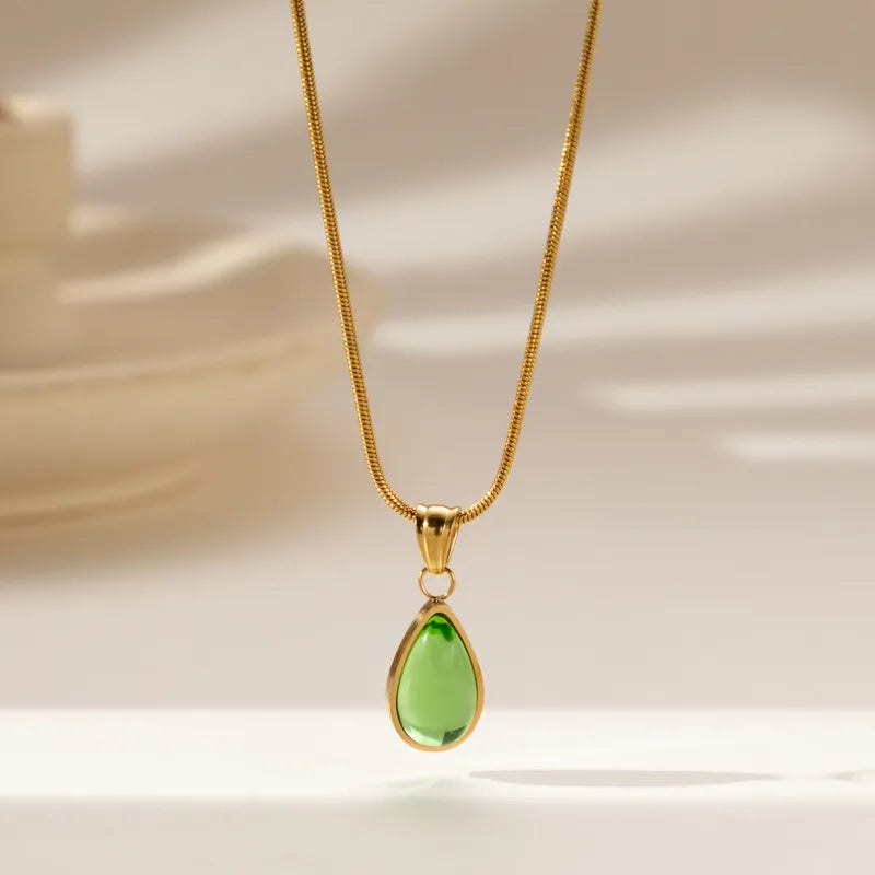 Pendentif Goutte d'eau Émeraude en Acier Inoxydable