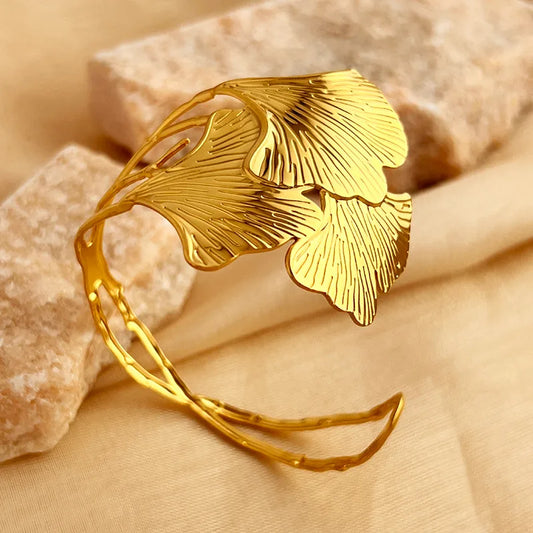 Bracelet Jonc Ginkgo 3 Feuilles Entrelacées Plaqué Or 18 carats