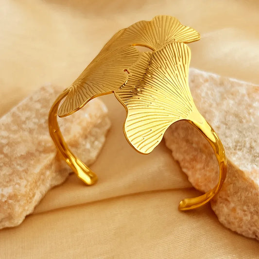 Bracelet Jonc Ginkgo 3 Feuilles Plaqué Or 18 carats