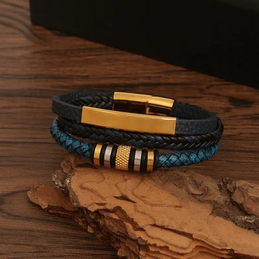 Bracelet Triple Tressé Noir et Bleu Pétrole