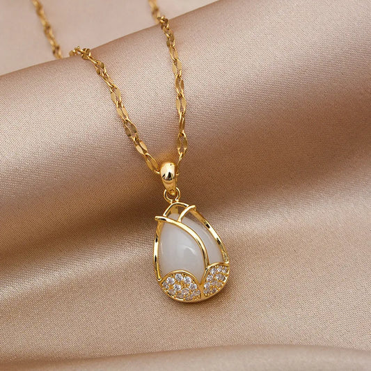 Pendentif Tulipe Opale Blanche